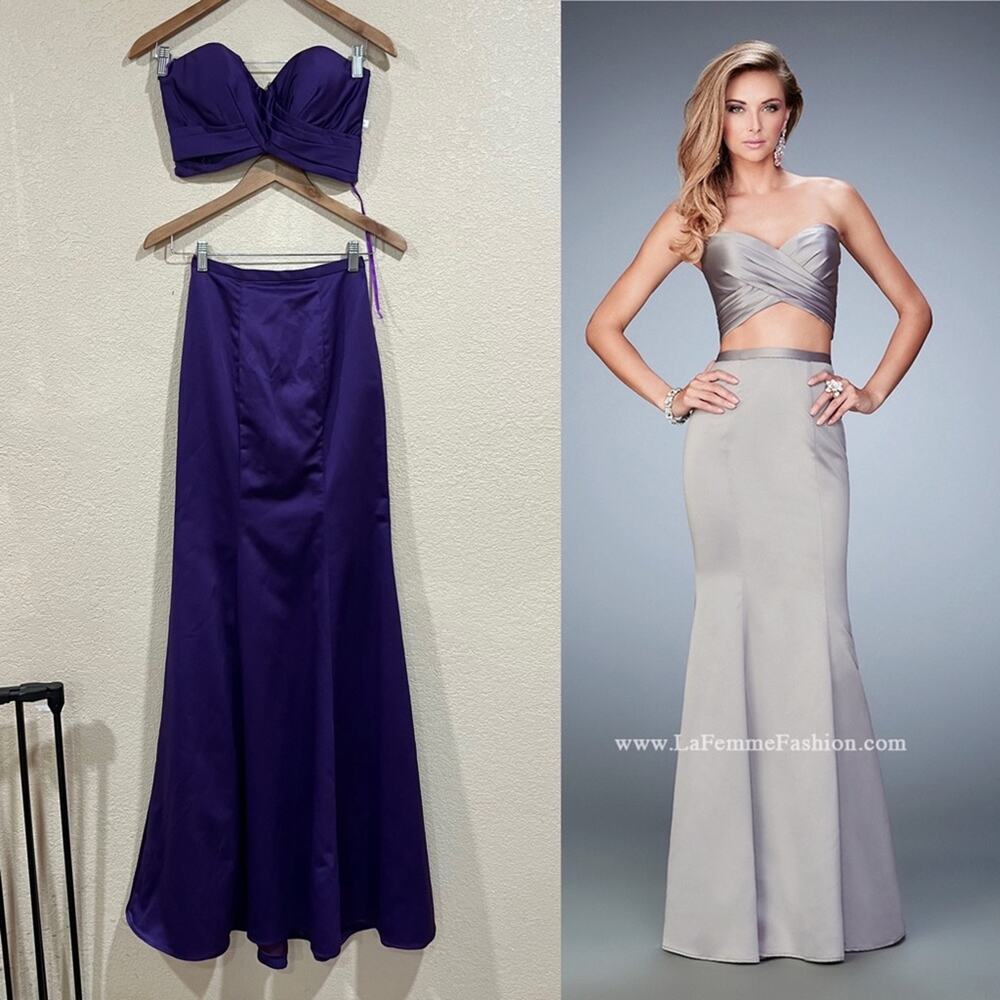 NWT NEW La Femme 22207 purple satin crossed pleated two piece prom dress